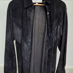 Black Fringe Women's Suede Shirt